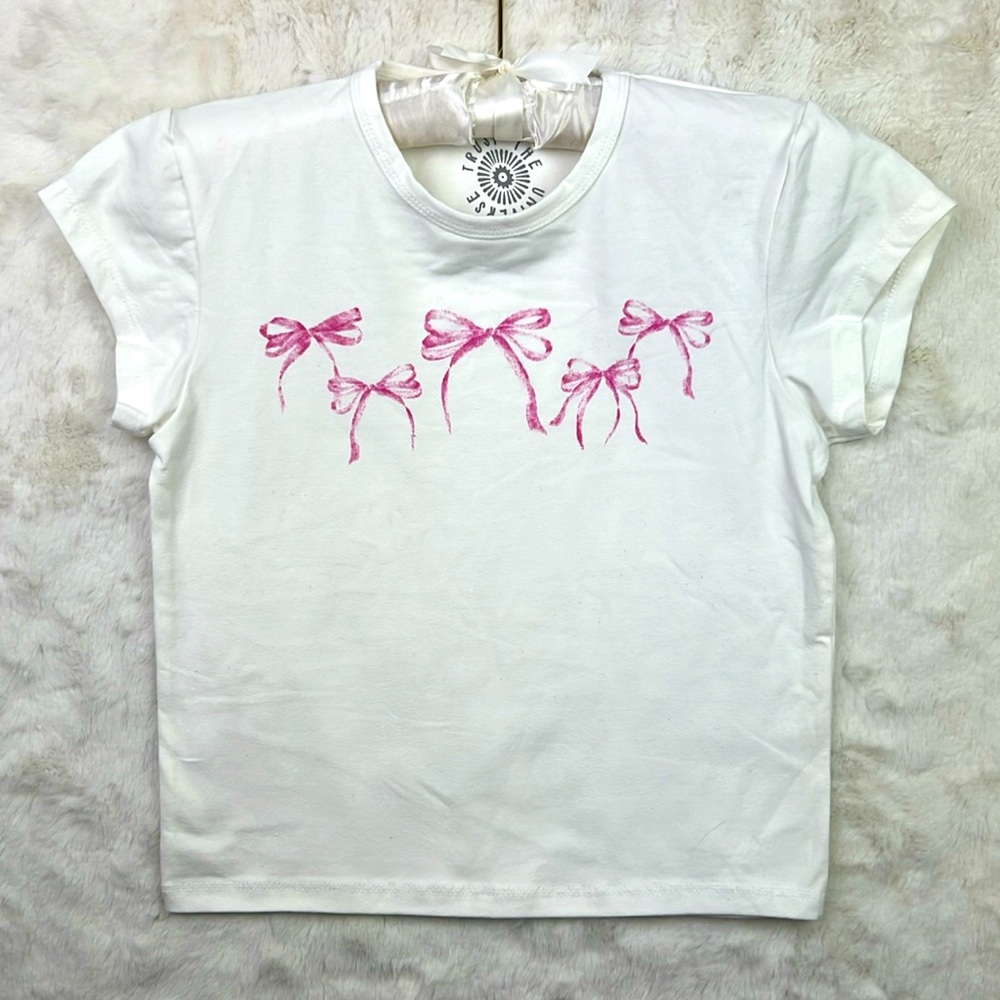 Trust The Universe Pink Bow women tee t-shirt white stretch cup sleeves Sz.S NEW